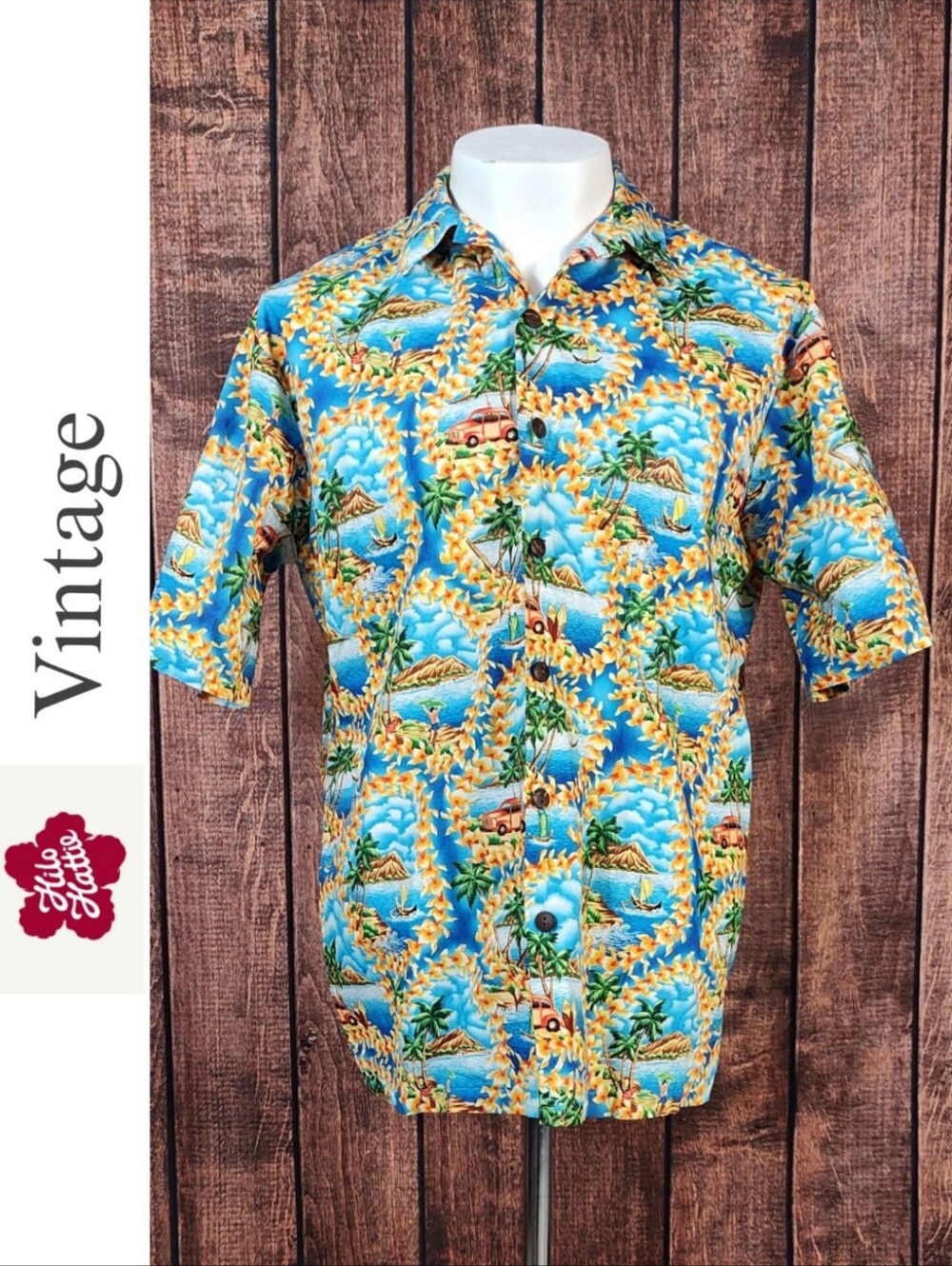 Vintage Hilo Hattie Mens Bright Royal Blue Tropical Island Motif New Condition